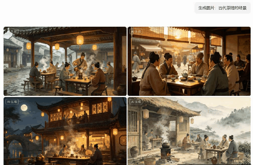 用AI生成古代茶馆场景画面,不露脸视频的素材来源