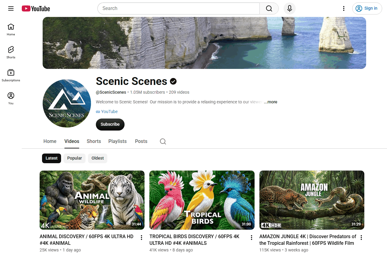 YouTube娱乐频道主页，105万订阅、209个视频的4K动物风景账号