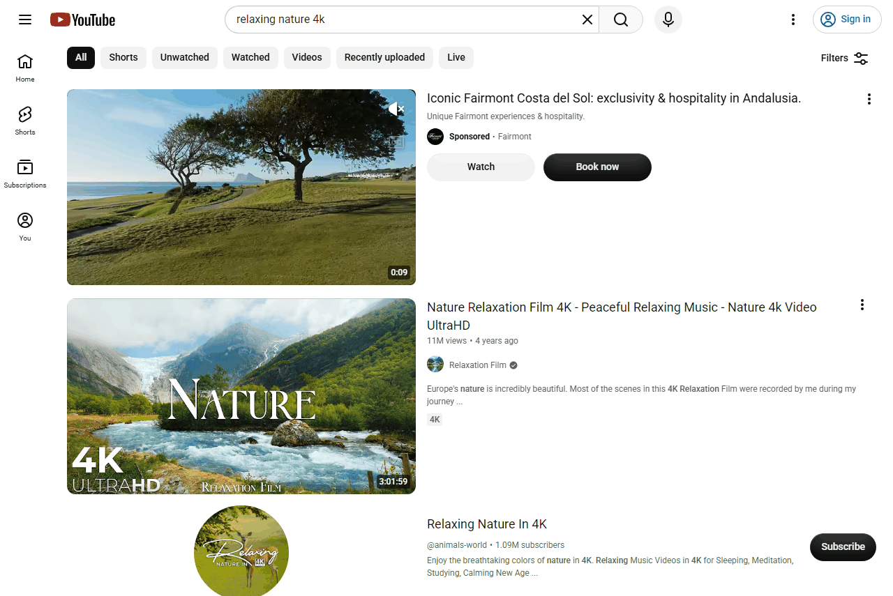YouTube搜索relaxing nature 4k的结果页，同类放松视频1100万播放