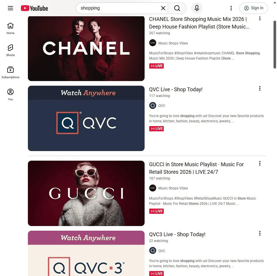 在YouTube搜shopping跳出来的直播结果