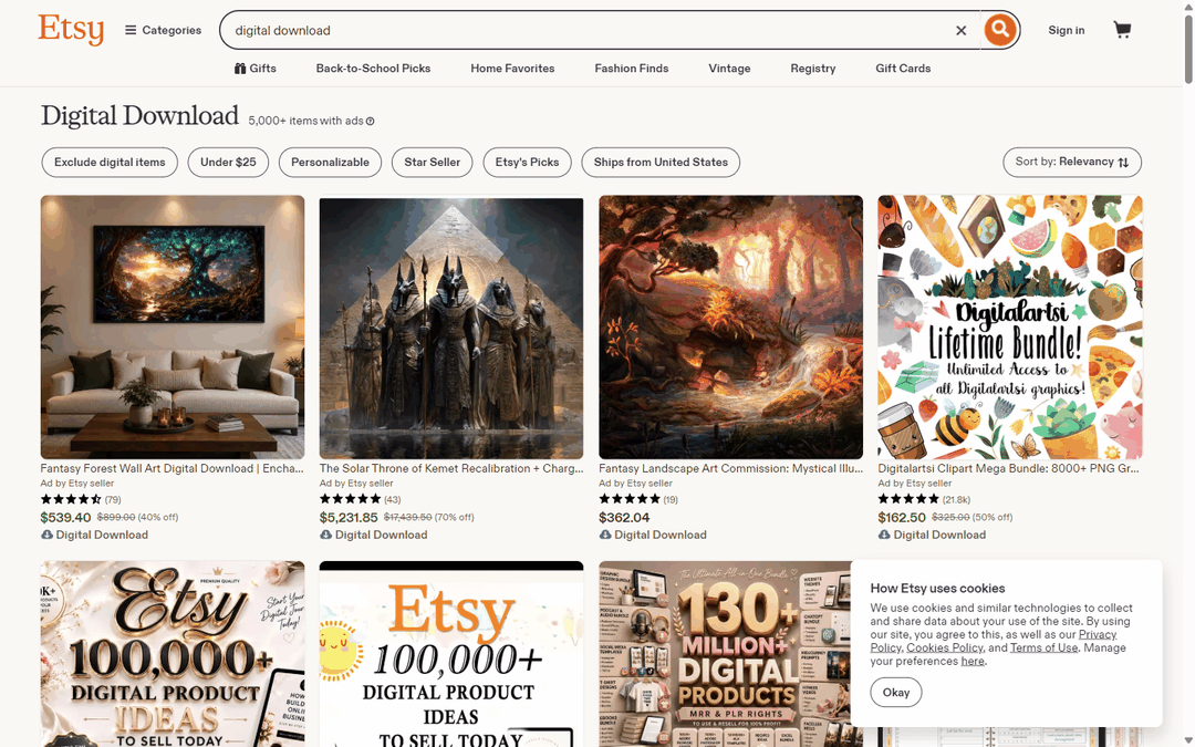 Etsy数字下载商品的搜索结果,单件标价162到539美元