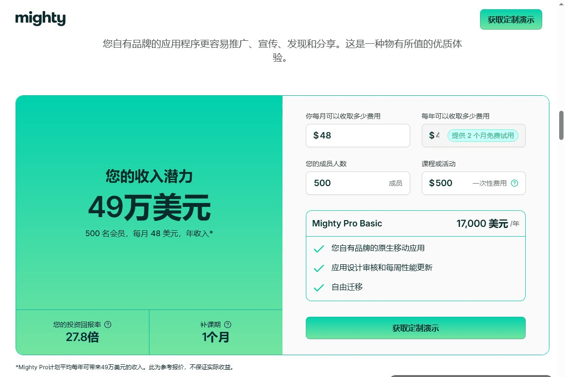 Mighty Networks社群平台的收入测算页,500名会员年收入49万美元