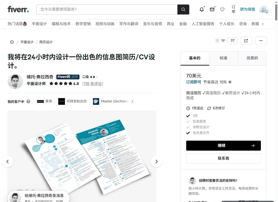 Fiverr上一个信息图简历设计服务页面，70美元起的价格和24小时交付条件