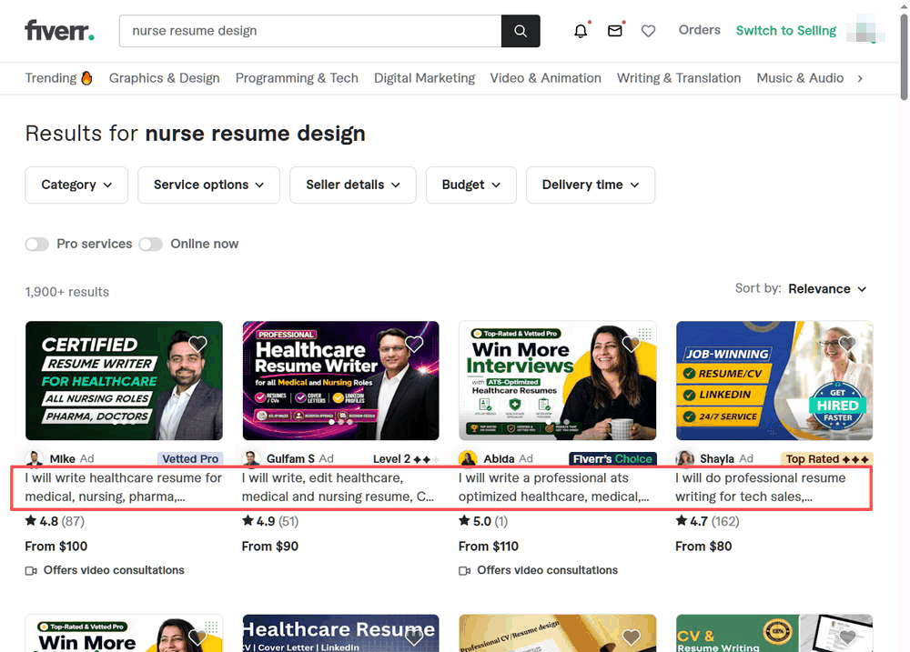 Fiverr搜索nurse resume design护士简历细分词的结果和80到110美元定价
