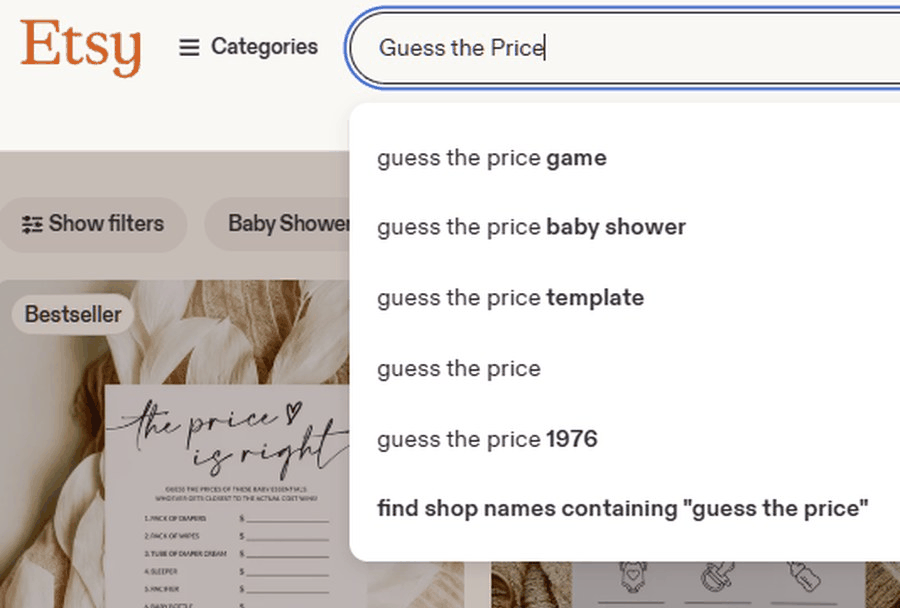 Etsy搜索框输入guess the price弹出的联想词,game、baby shower、template、1976都在里面