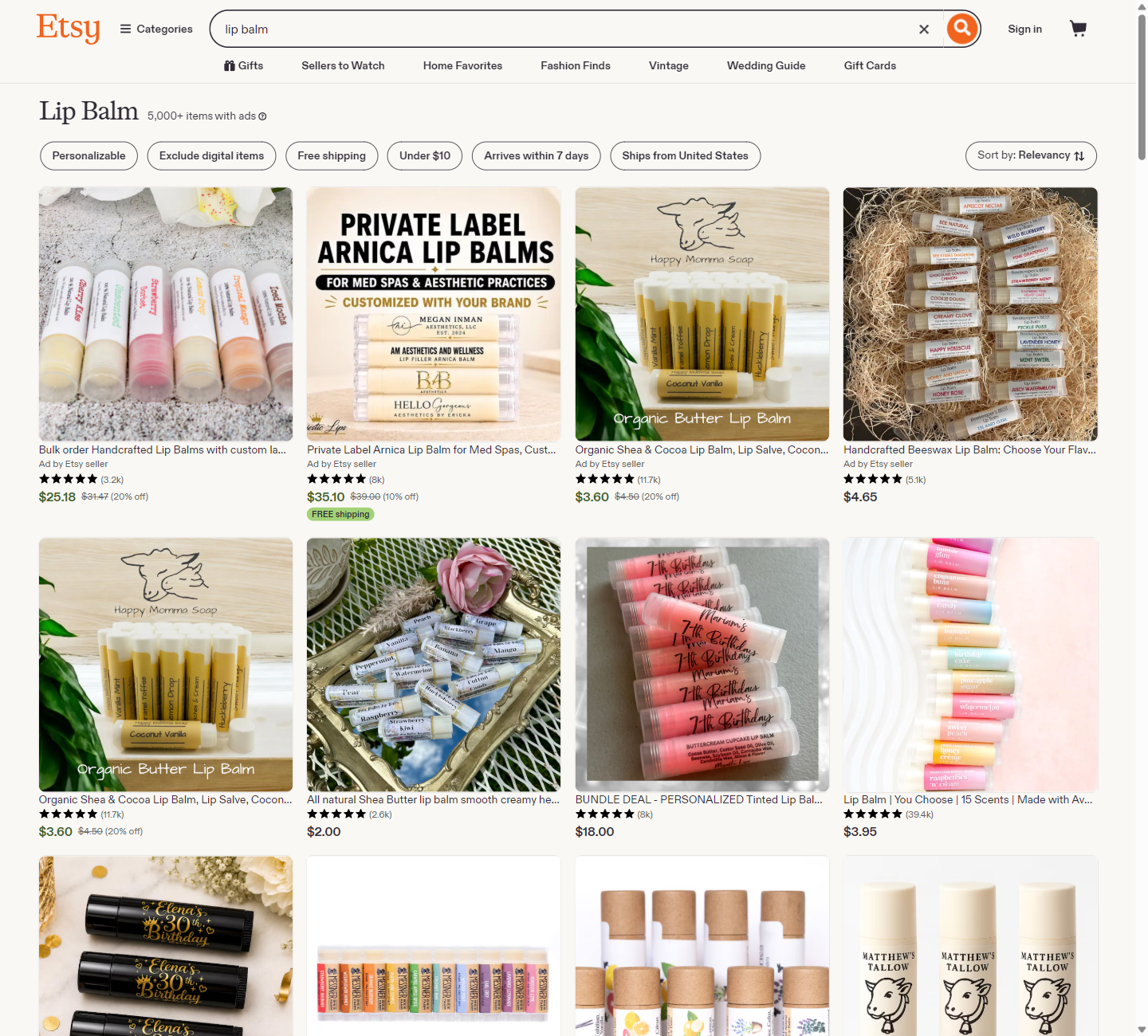 Etsy的lip balm类目有5000多件商品，单支2到4.65美元，定制礼盒18美元，医美渠道私标贴牌35.1美元