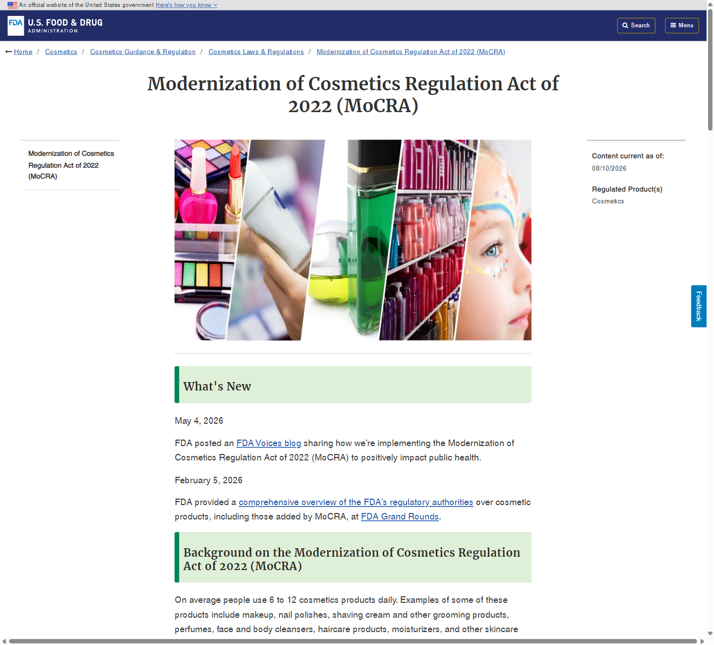 美国FDA官网的化妆品现代化法案MoCRA页面，内容更新至2026年8月