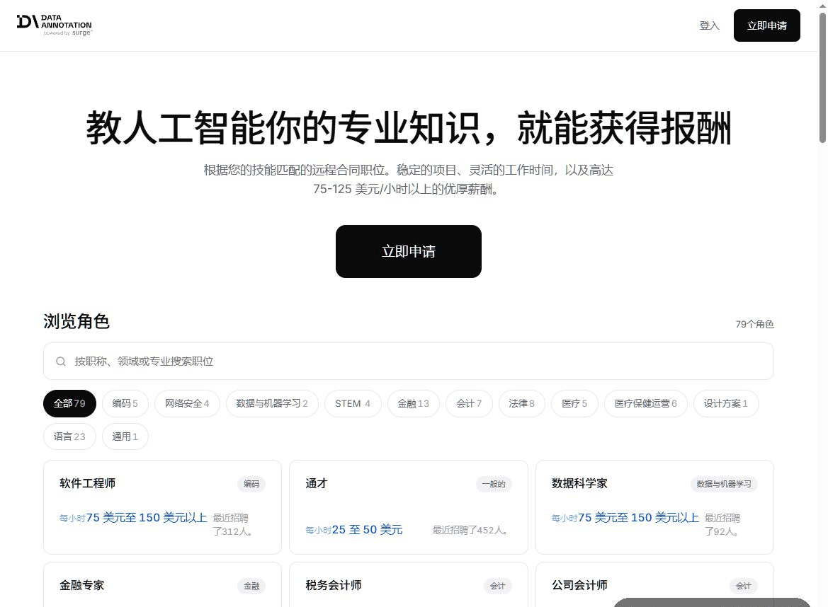 海外AI兼职之一的数据标注平台首页，展示每小时75到125美元的远程岗位和角色分类
