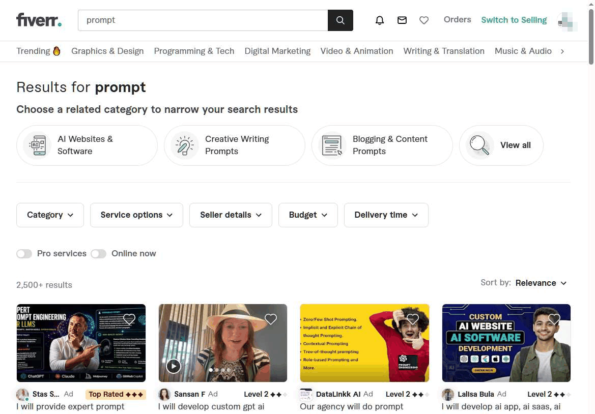 Fiverr上搜索prompt关键词的服务列表，2500多个结果和不同卖家的报价
