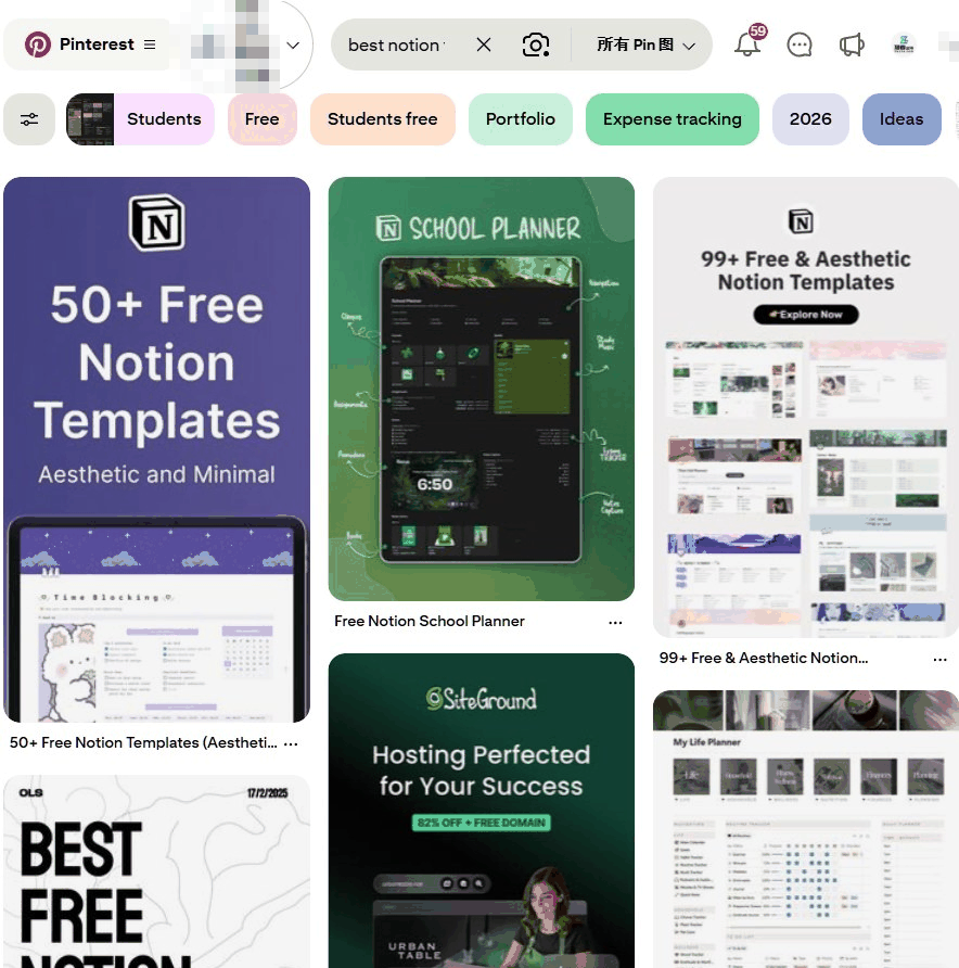 Pinterest上搜best notion模板，出来一整屏数字产品推广图