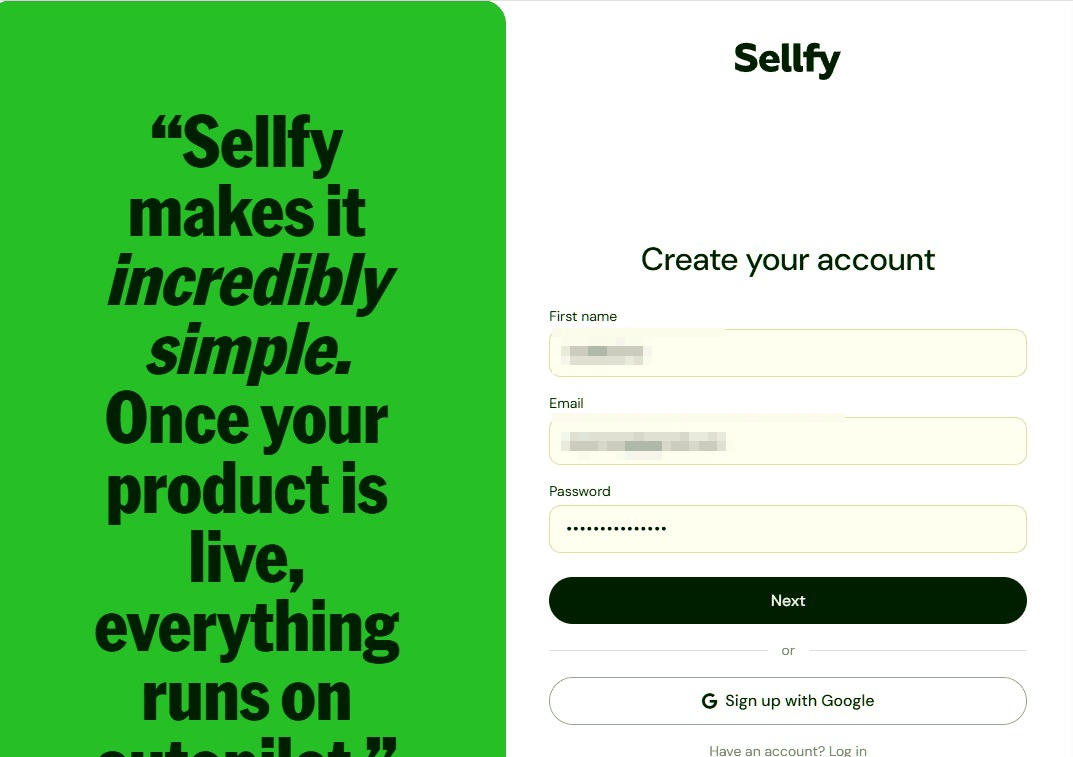 Sellfy注册页面，填姓名邮箱密码，也可以直接用谷歌账号登录