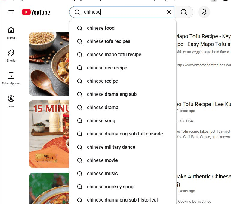 在YouTube搜索框输入chinese，自动联想出来的一串关键词