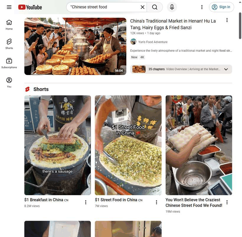YouTube搜索Chinese street food的结果页，短视频播放量最高的一条1900万次